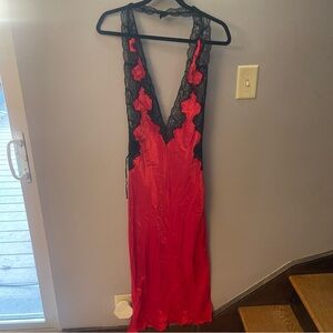 Victoria’s Secret 100% Silk red and black lace trim maxi slip Dress